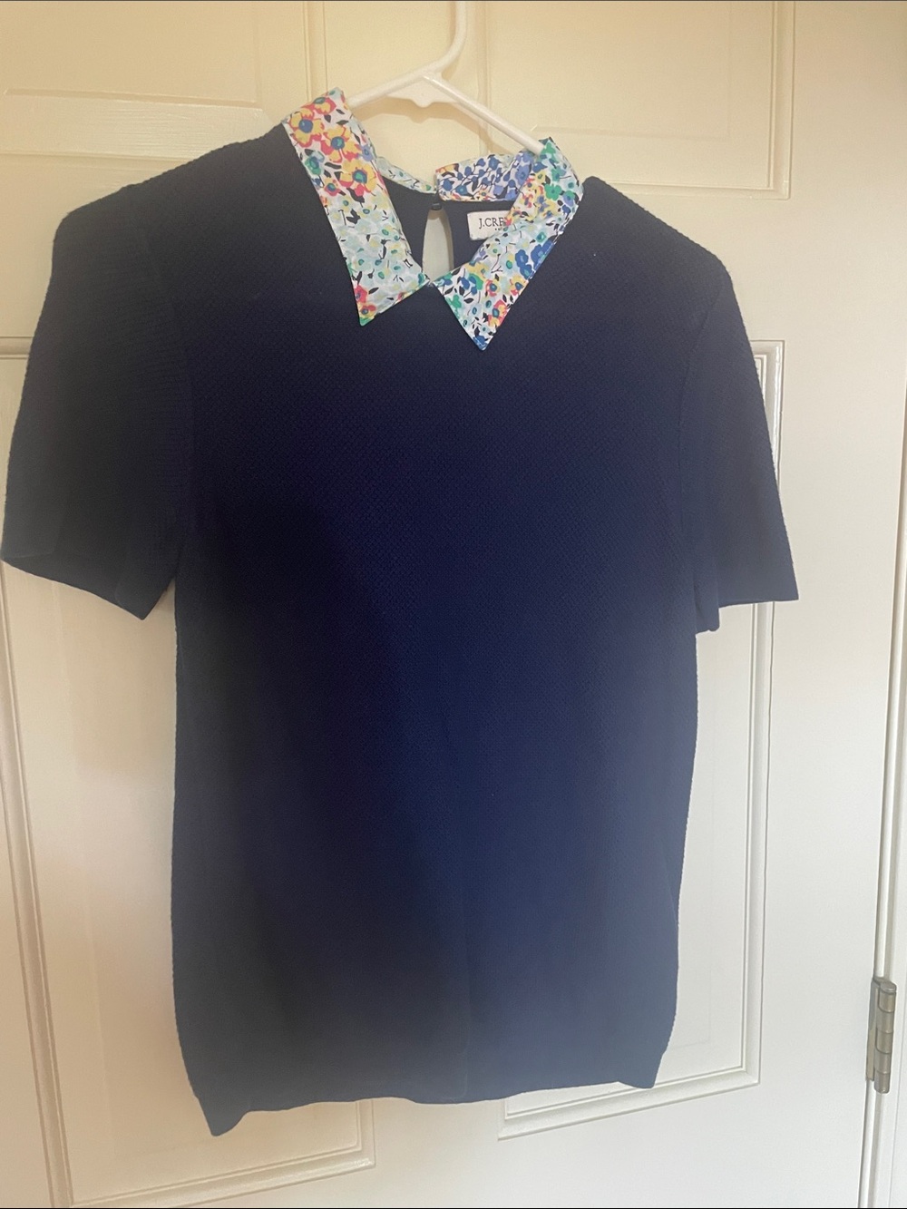 J. Crew Navy Knit Top with Floral Collar